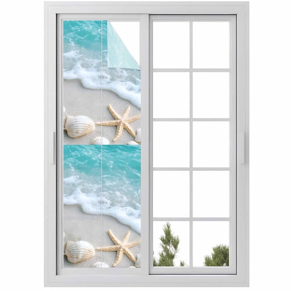 Teal Beige Window Privacy Film Beach Starfish Seashell Sand Sea Waves Scenery Decorative Glass Window Film UV Blocking Static Cling Non-Adhesive Sticker Covering for Home Door 29.5 x 118 inches