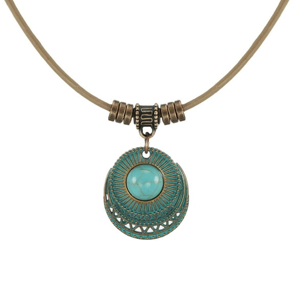 Boho Vintage Style Round Copper and Turquoise Pendant with Tan Leather Cord Necklace – 18 inch