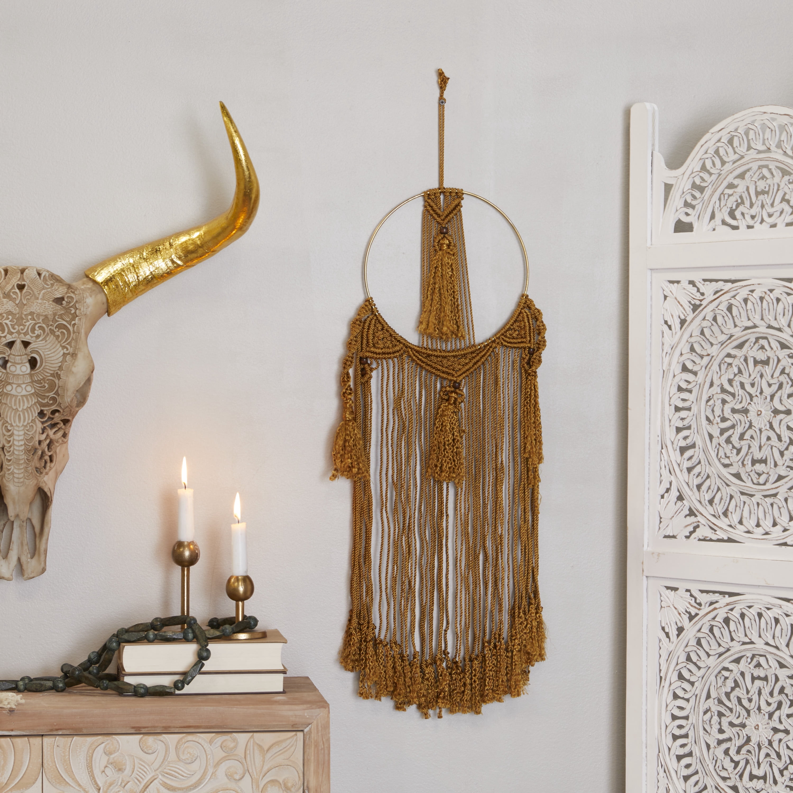 DecMode Brown Fabric Intricately Weaved Macrame Wall Decor with Beaded Fringe Tassels