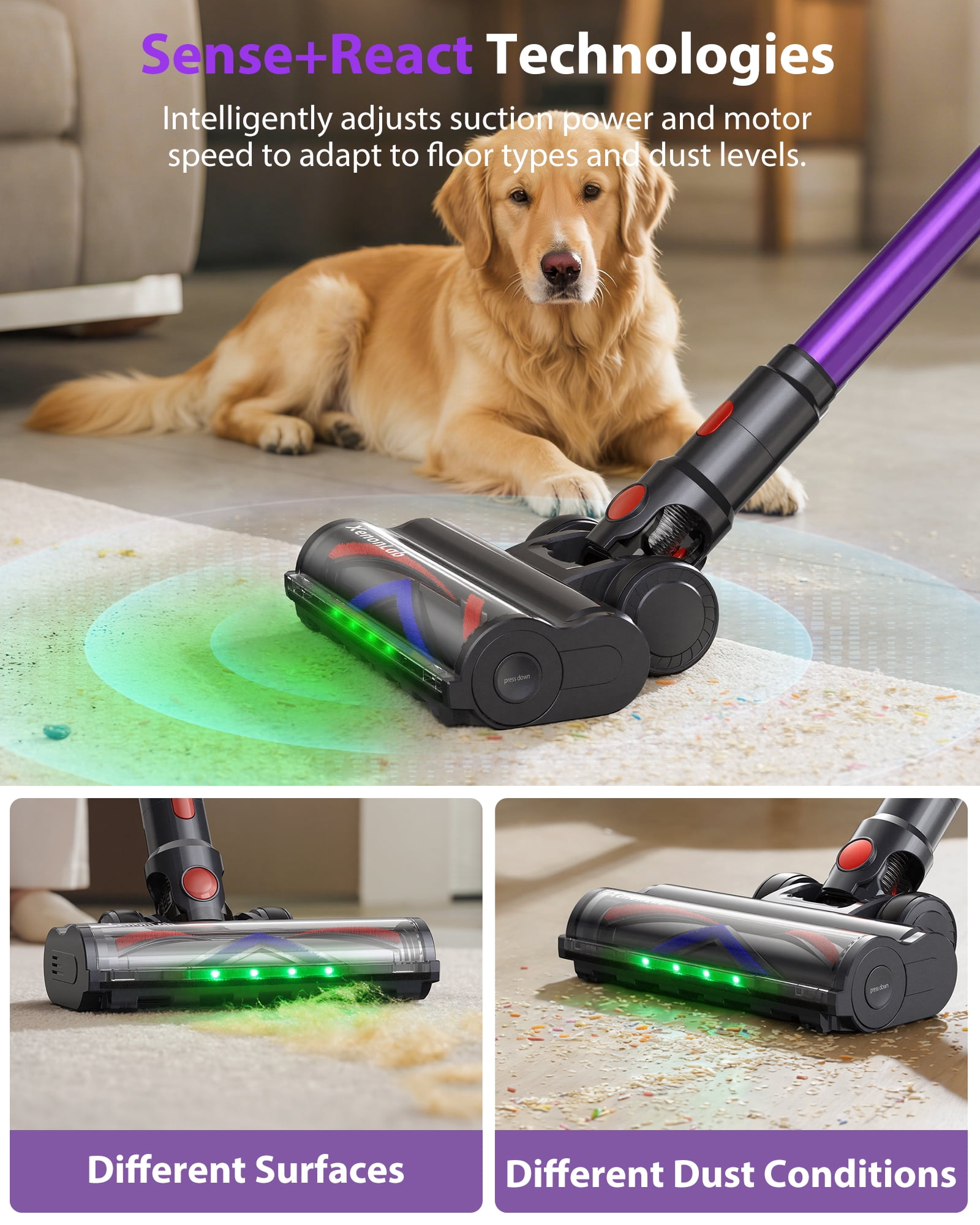 Cordless Vacuum Cleaner,55KPa/75 Mins Runtime with Auto Mode & 3 Speeds,Touch Screen Rechargeable Stick Vacuums for Pet Hair,Carpet,Hard Floor
