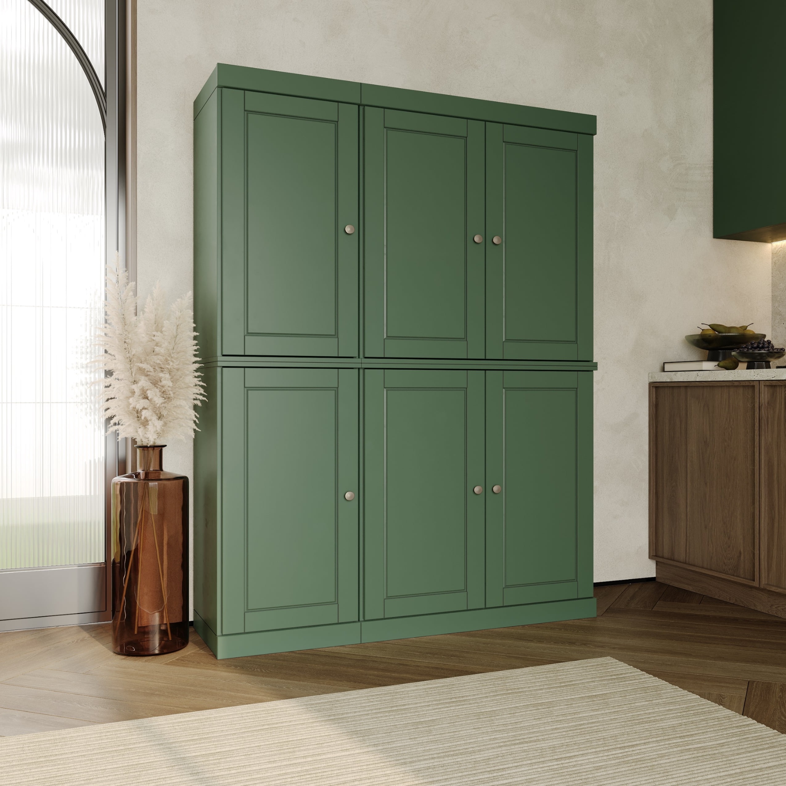 Palace Imports 100% Solid Wood Kitchen Pantry Storage Cabinet with Doors and Adjustable Shelves, 6-Door, Green