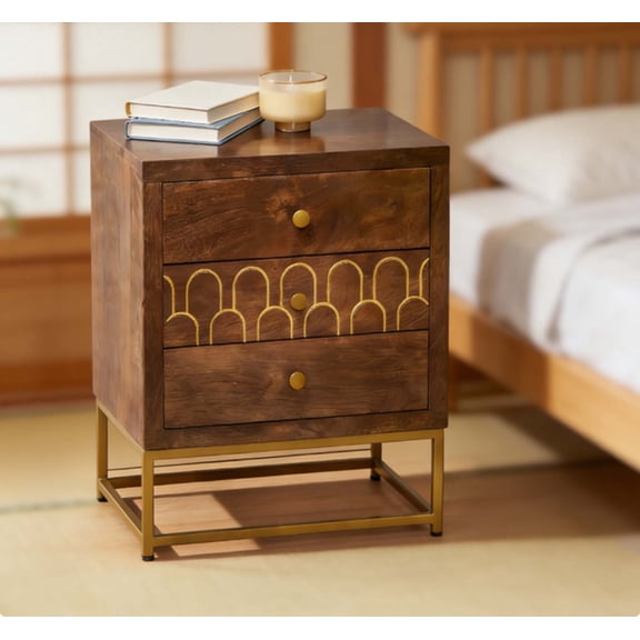 Solid Wood Farmhouse Nightstand: Vintage Antique Bedside Tables with 3 Drawers, Mango Wood & Gold Trim, Easy Assembly