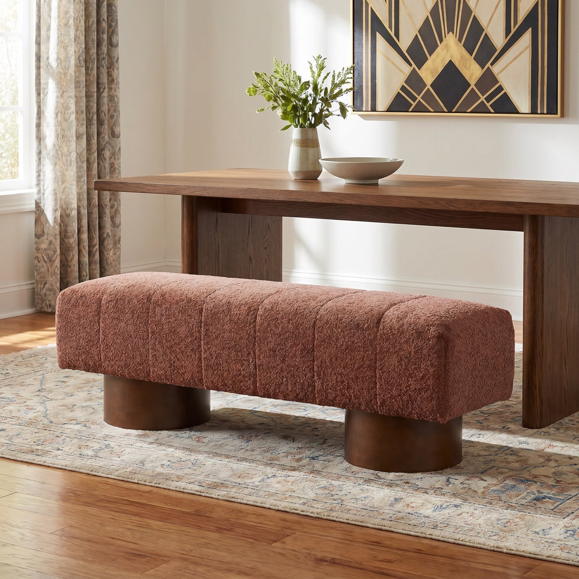 Christopher Knight Home 61" Modern Accent Ottoman Bench with Boucle Upholstery, Wood Legs, Rust Red