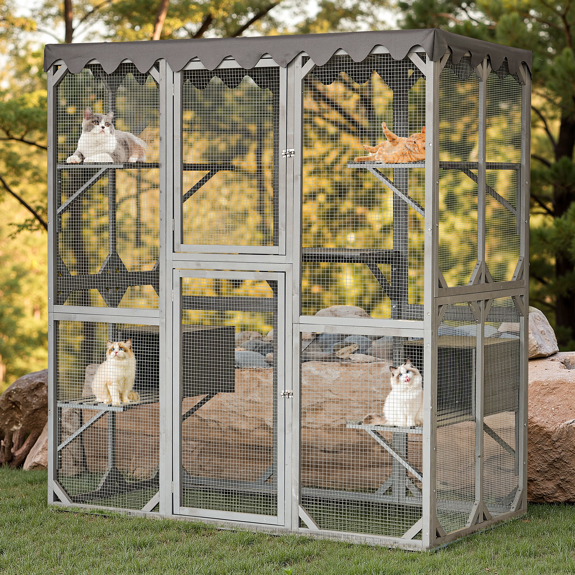 Outdoor Cat Enclosure with Weatherproof PVC Roof 72" Height Cat Wooden House Large Cat Catio