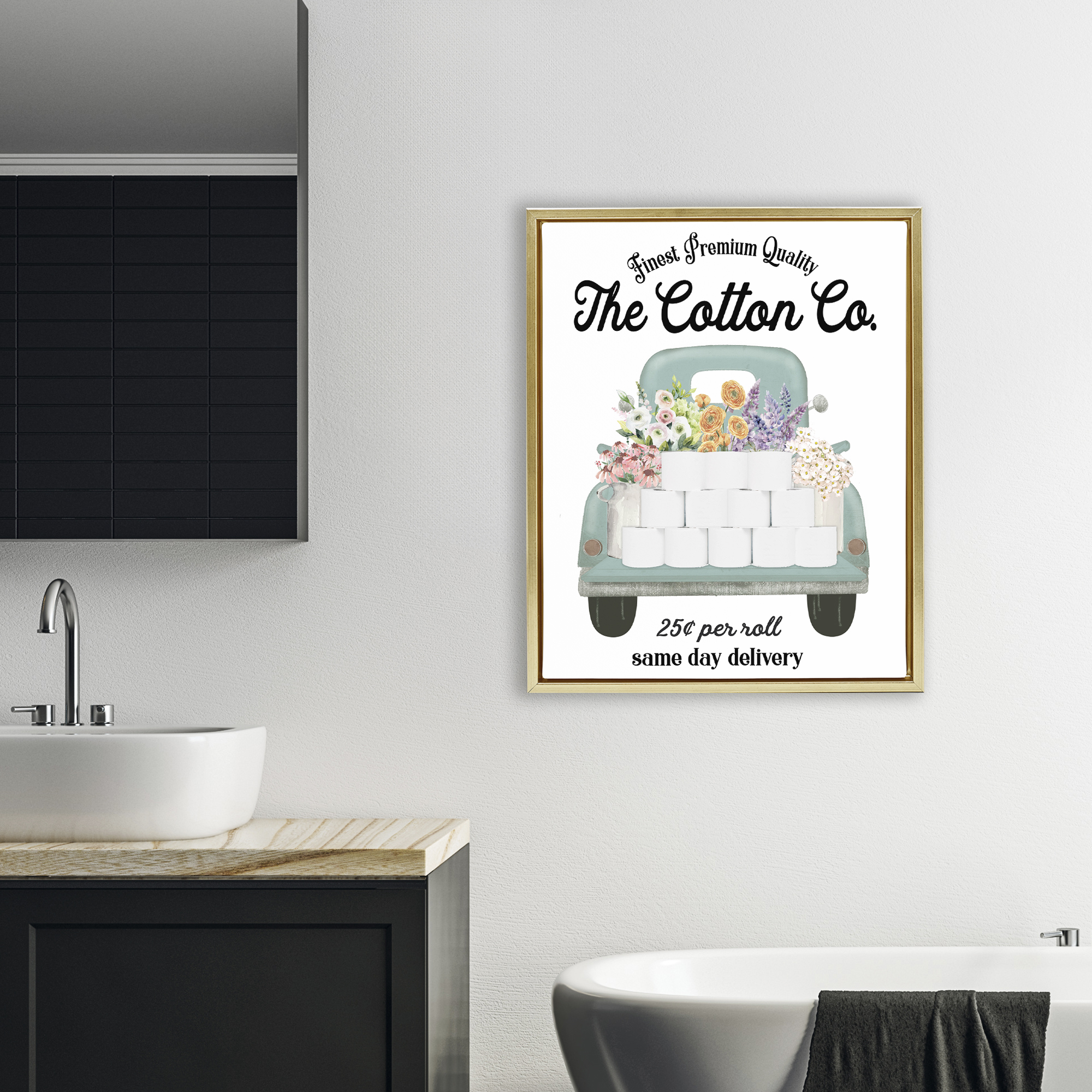 Toilet Paper Delivery Truck Gold Framed Floater Canvas Wall Art, design by Lettered and Lined
