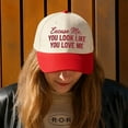 thumbnail image 4 of Excuse Me, You Look Like You Love Me Embroidered Trucker Hat, Red and Beige Two-Tone Snapback Cap, Adjustable Fit for Men Women, Flirty and Playful Statement Hat, Perfect for Summer Dates and Gifts, 4 of 5