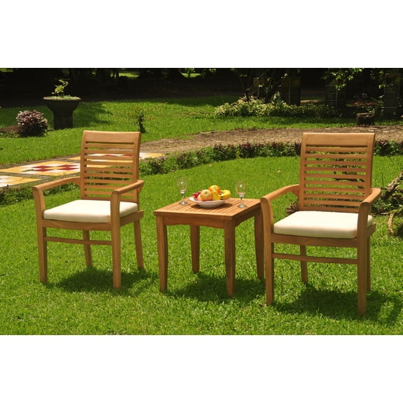 Grade-A Teak Dining Set: 2 Seater 3 Pc: Sack Side Table And 2 Mas Stacking Arm Chairs Outdoor Patio WholesaleTeak #WMDSWVm