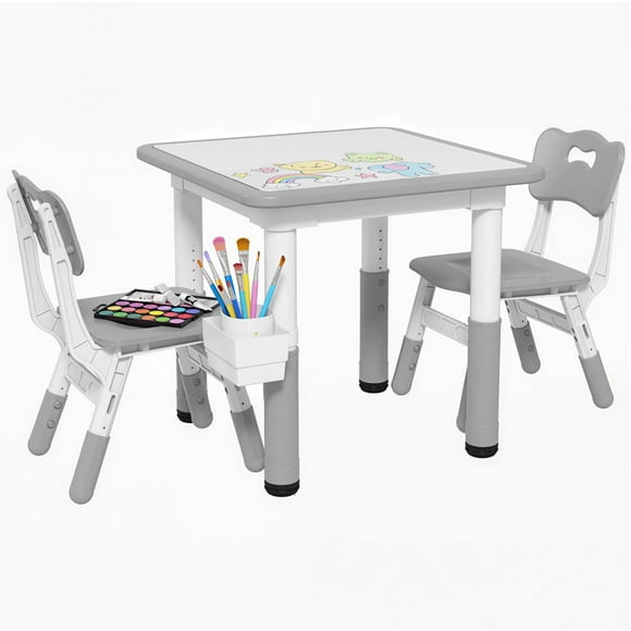 Qaba 3 Pcs Height Adjustable Kids Table and Chair Set w/ Storage, Grey
