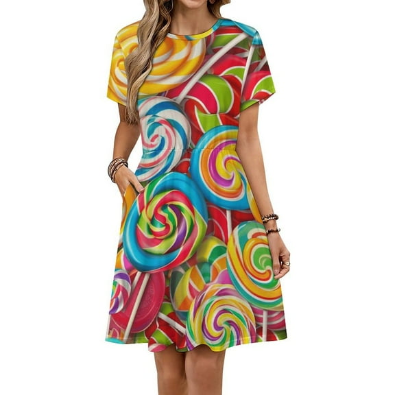 Candy Pattern Rainbow Lollipop Short Sleeve Dress Women Summer Evening Dresses Ladies Sundress