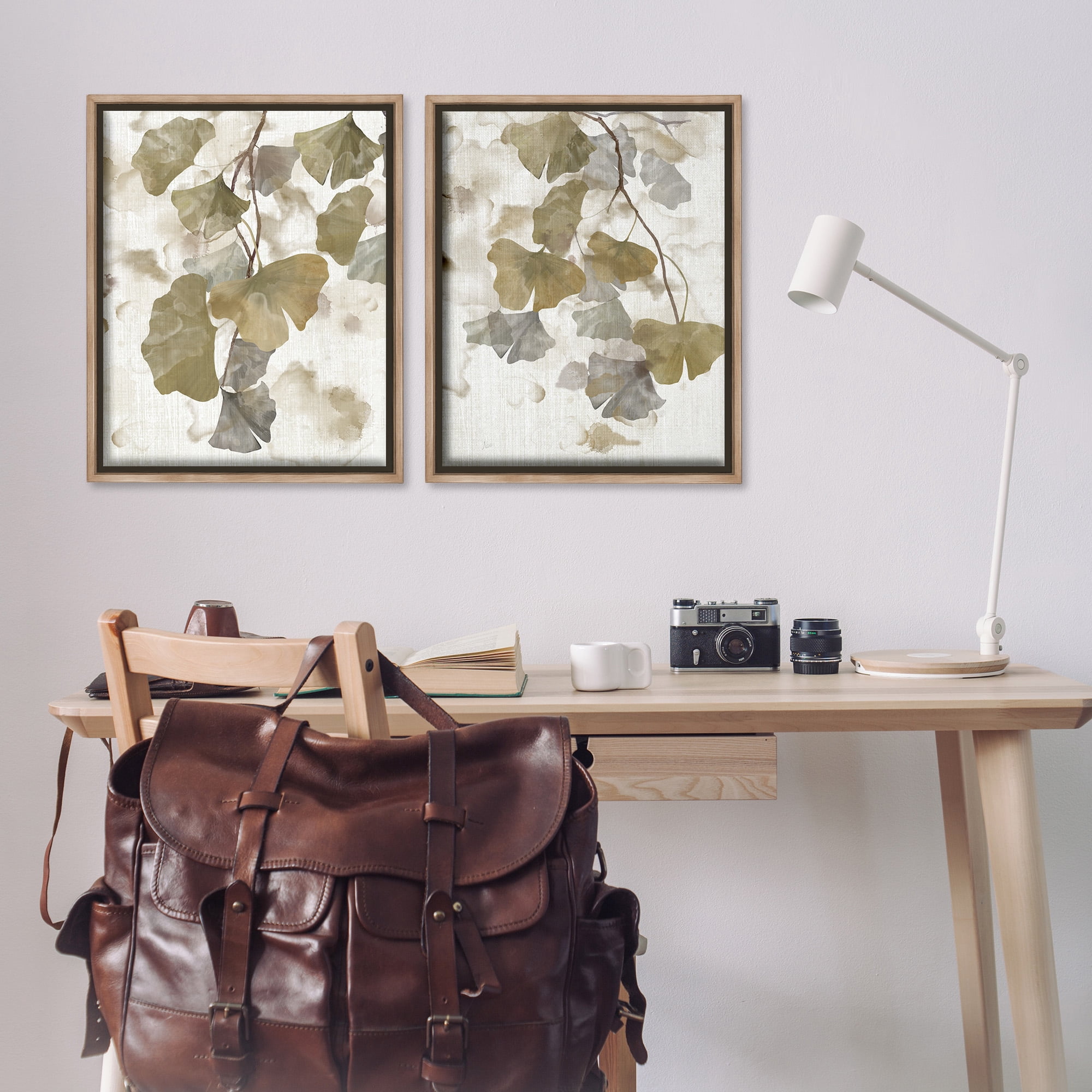 Stupell Industries Rustic Gingko Leaves Botanical & Floral Painting Brown Floater Framed Canvas Art Print Wall Art, 25 x 31, Set of 2