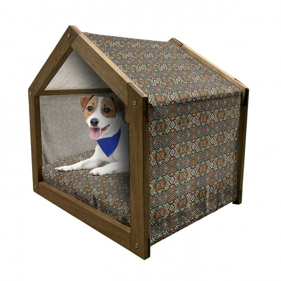 Aztec Pet House, Ornament with Triangle Motifs Boho Design Folkloric and Tribal, Outdoor & Indoor Portable Dog Kennel with Pillow and Cover, 5 Sizes, Multicolor, by Ambesonne