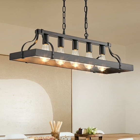 Black Pendant Light Wood-Grain Linear 5-Light Metal 33.7in Pendant Ceiling Lighting Rustic Farmhouse Style Fixture Kitchen Island & Dining Area E26 Base
