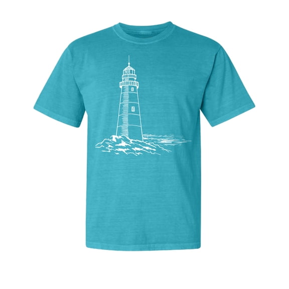 Wild Bobby,Lighthouse Nautical Sea Coastal Vibes, Streetwear, Garment-Dyed Washed Look Short Sleeve T-Shirt, Blue Lagoon, Small