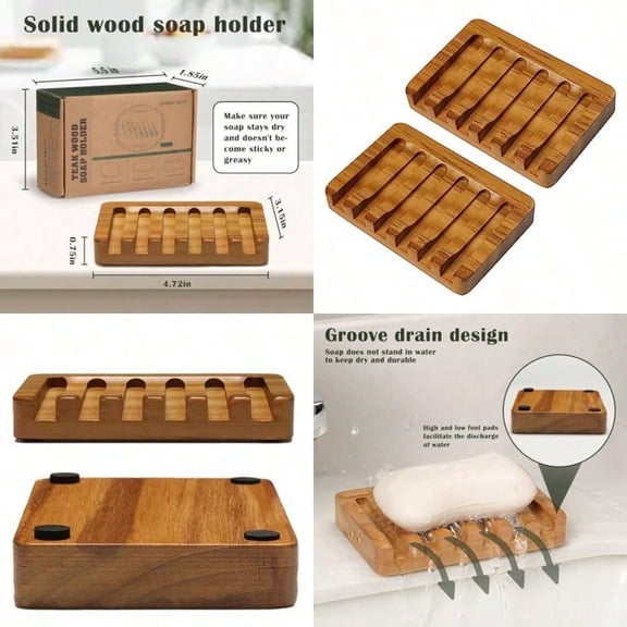 Set of 2 Teak Wood Soap Dishes with Sloped Drain Bar Soap Holder for Shower Bathroom Sink Kitchen Natural Wooden Soap Saver Tray with Quick-Dry Grooves