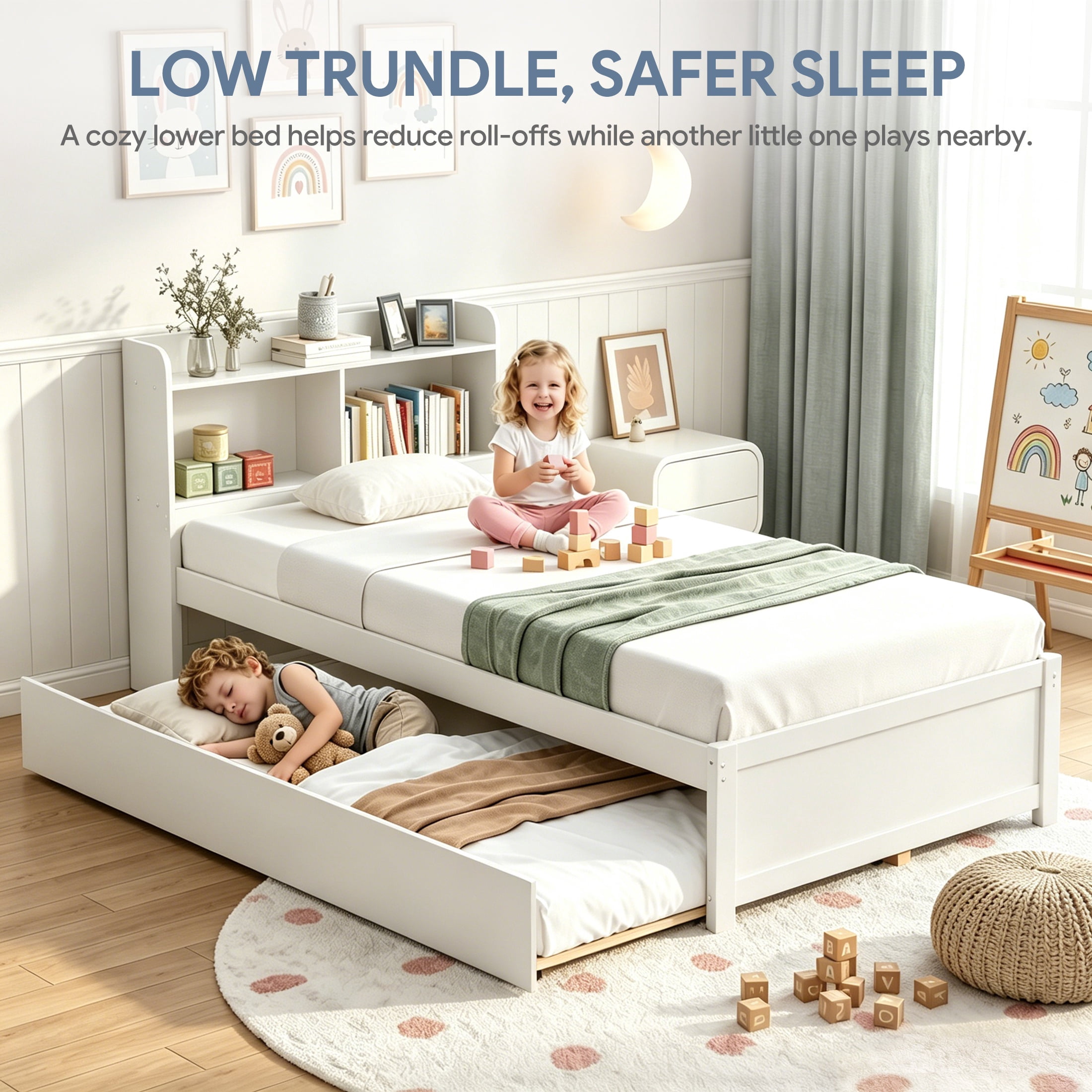 Twin Trundle Bed with Storage Headboard, UHOMEPRO White Trundle Bed Frame for Kids Girls Boys, Twin Bed with Trundle, No Box Spring Needed