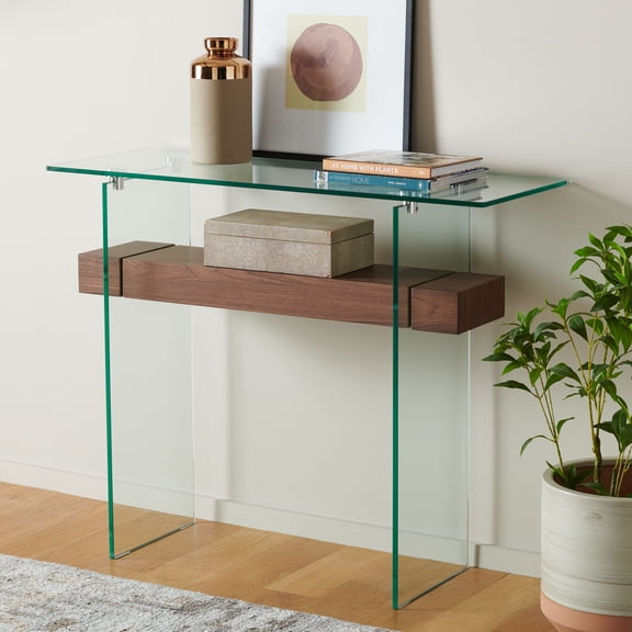 Safavieh Kayley Scandinavian Glass Console Table, Clear/Walnut