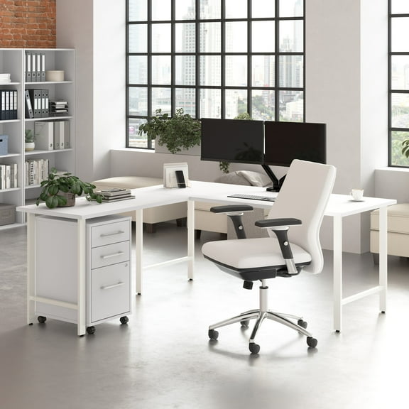Hustle 72W x 30D L Shaped Computer Desk with Drawers in White - Engineered Wood