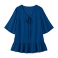 thumbnail image 4 of Tqcoqu Women's Solid Loose Flowy Casual Chiffon Blouse Top,V Neck Tie Front 3/4 Flared Bell Sleeve Ruffle Hem,Navy Women's S-XXXL, 4 of 7