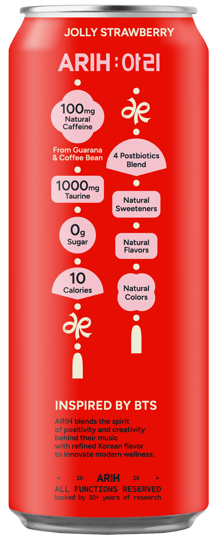 ARIH Postbiotic Energy Drink, Zero Sugar Clean Energy Drink with 100mg Natural Caffeine, Jolly Strawberry, 12 fl oz, 4 Pack