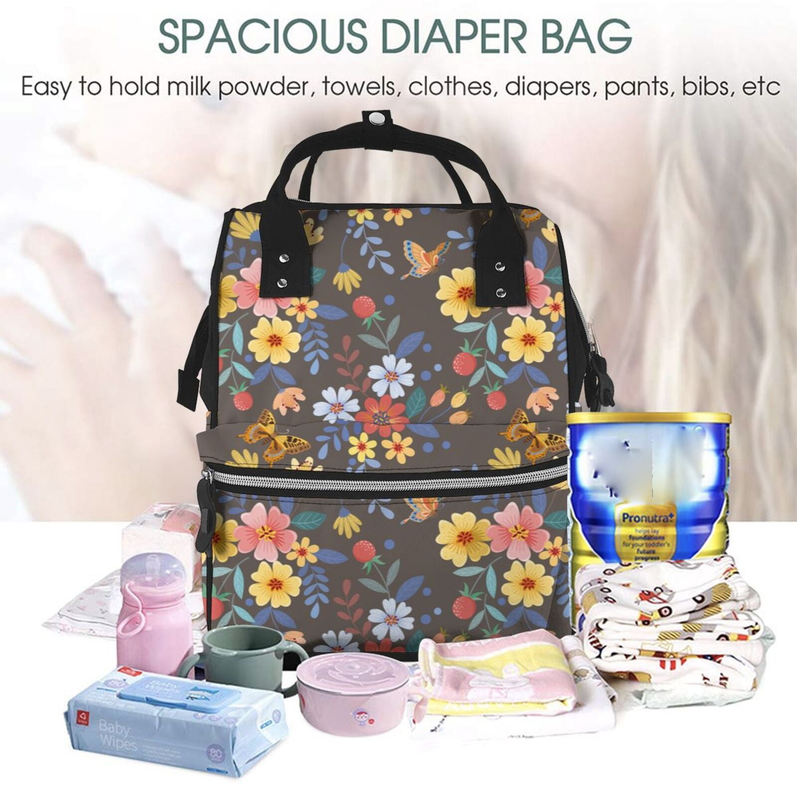 Fuzoiu Colorful Flowers with Butterfly Print Diaper Bag Backpack,Baby Essentials Travel Tote,Multi function Waterproof Diaper Bag, Travel Essentials Baby Bag - Unisex