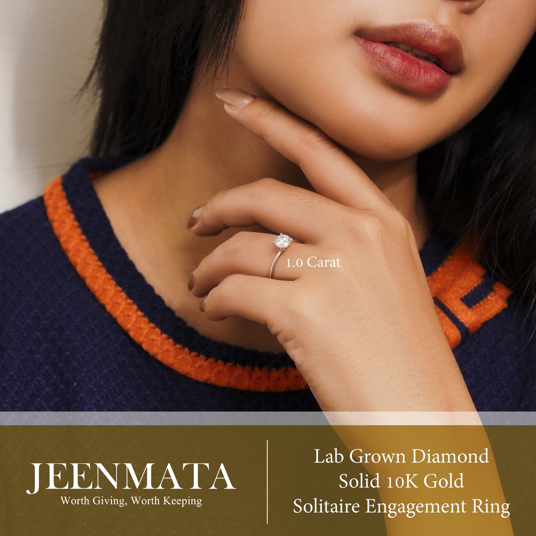 JeenMata Lab Grown Diamond 1 Carat Round Cut Solitaire Engagement Ring in Real Solid 10K White Gold for Women, Gift for Her, Female, Girlfriend