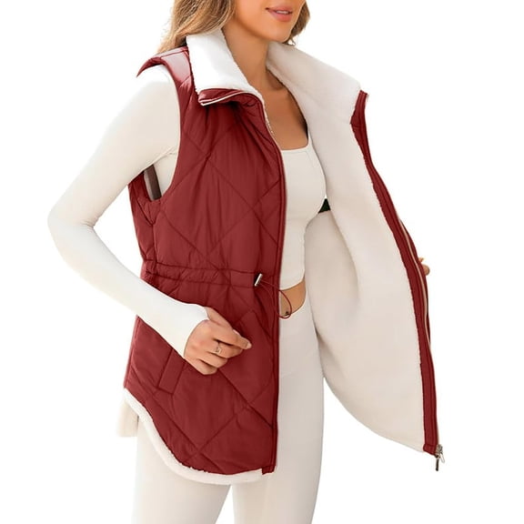 Women's Long Winter Lapel Vest Plain Quilted Vest Warm Lined Long Vest Outdoor Winter Vest Sleeveless Winter Jacket Women's Vests Vest With Drawstring And Pocke winter coats for women