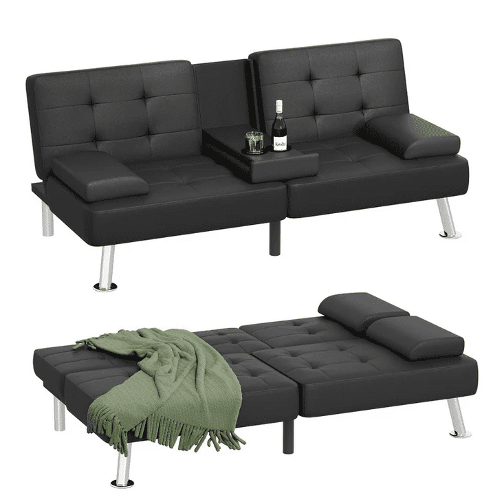 Lacoo 2-Pack Futon Sofa Bed Modern Convertible Sleeper Couch with Removable Armrests & Cup Holders for Living Room,Small Spaces,PU Leather Black