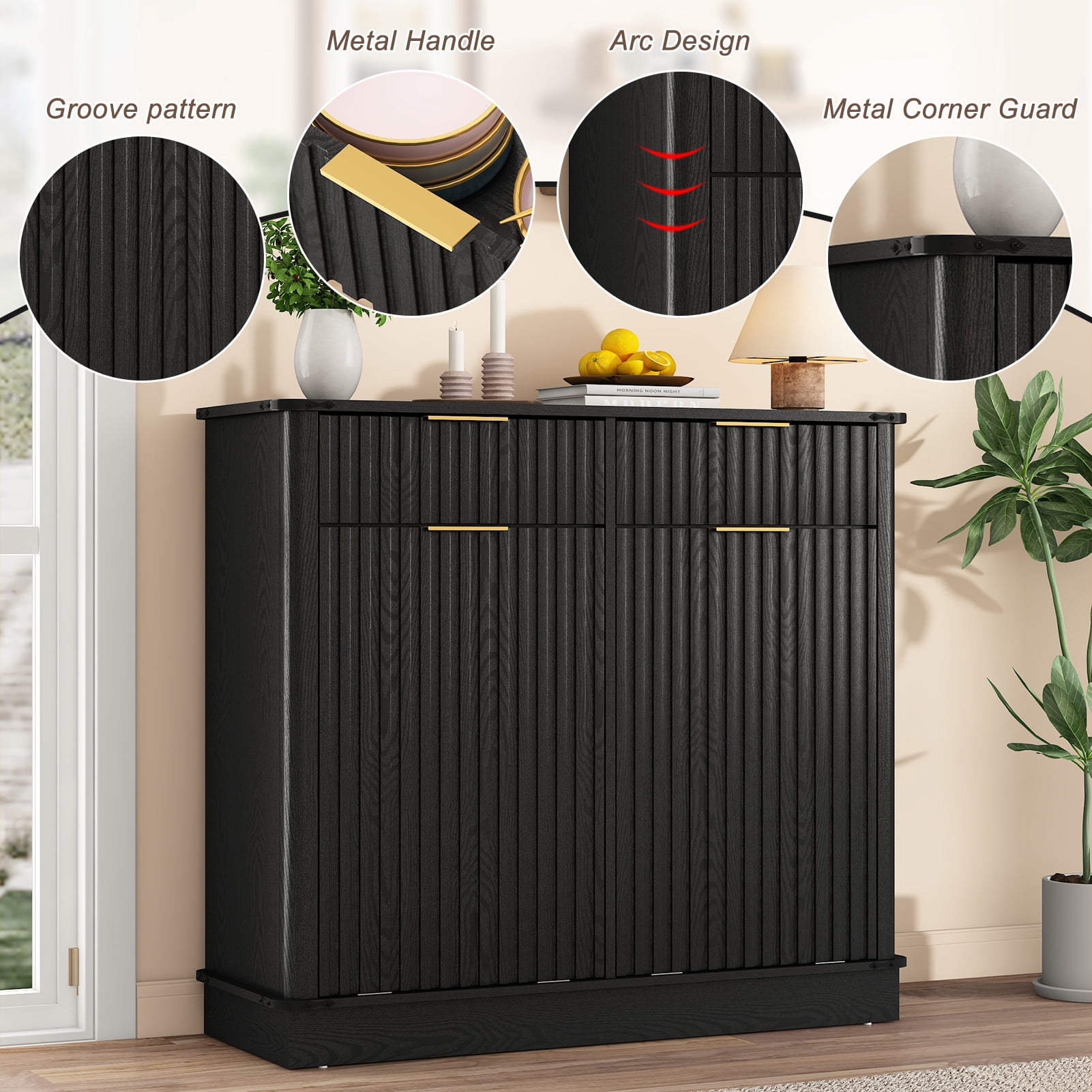 Blotout 20 Gallon Double Tilt-Out Trash Cabinet,Fluted Laundry Hamper Cabinet with 2 Drawers & Charging Station,Hidden Wooden Garbage Can Cabinet for Kitchen & Living Room
