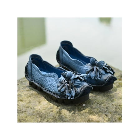 Fashion Women Ethnic Style Handmade Cowhide Flower Pull On Shoes Soft (Best Handmade Dress Shoes)