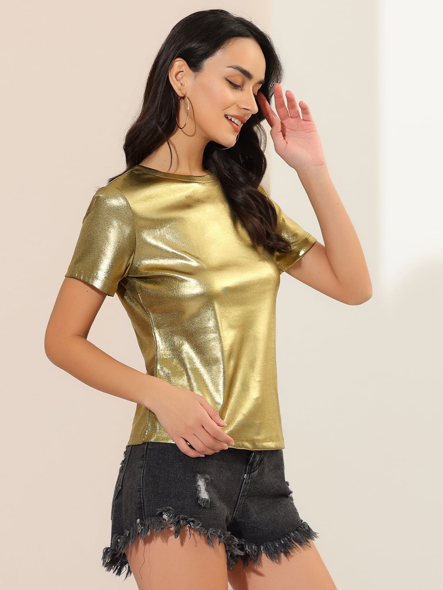 DARING DIVA Party Metallic Textured Short Sleeve Shiny Tops S Gold