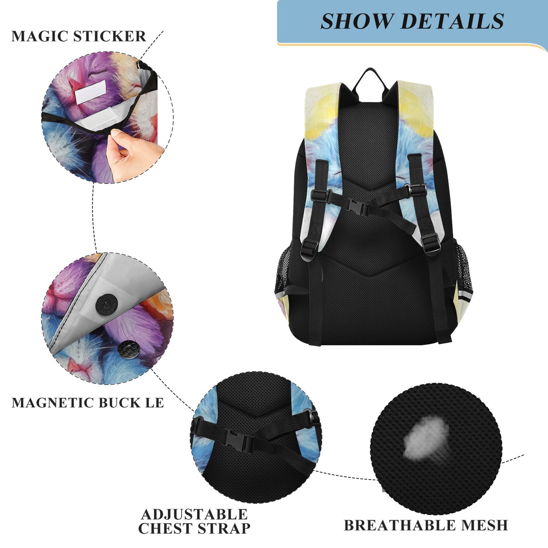 Backpack 12.9 *5.1 * 17.7 Inches Outing Backpack, Shopping Backpack, Travel Backpack Three Colored Cats