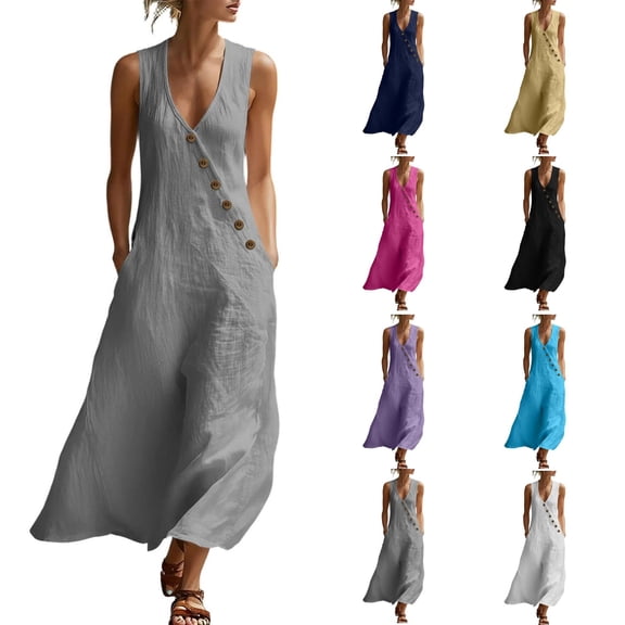 Husipze Womens Cotton Linen Sleeveless Maxi Dress V Neck Button Front Casual Long Sundress with Pockets for Summer Beach Gray S