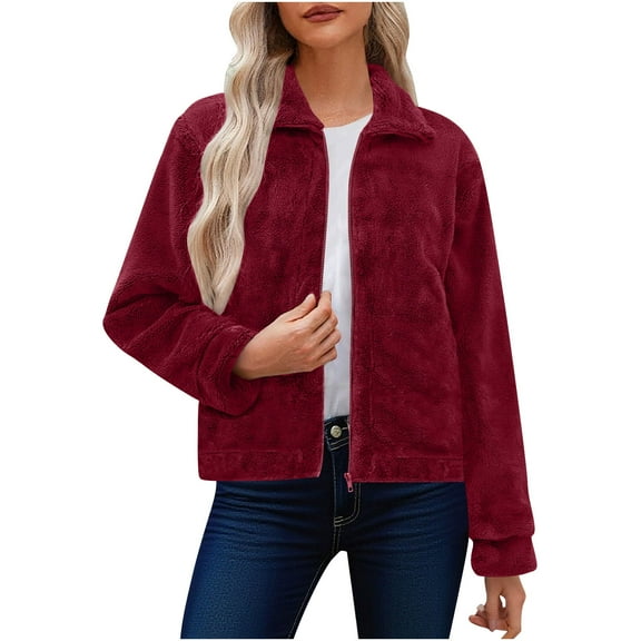 Perfectbot Women's Fuzzy Fleece Barn Jacket - Full Zip Long Sleeve with Pocket Short Winter Coat