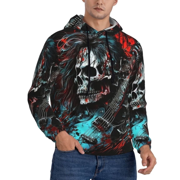 Men's Hoodie Pullover Casual Hooded Sweatshirt 3D, Death Skull Rock Heavy Metal Music