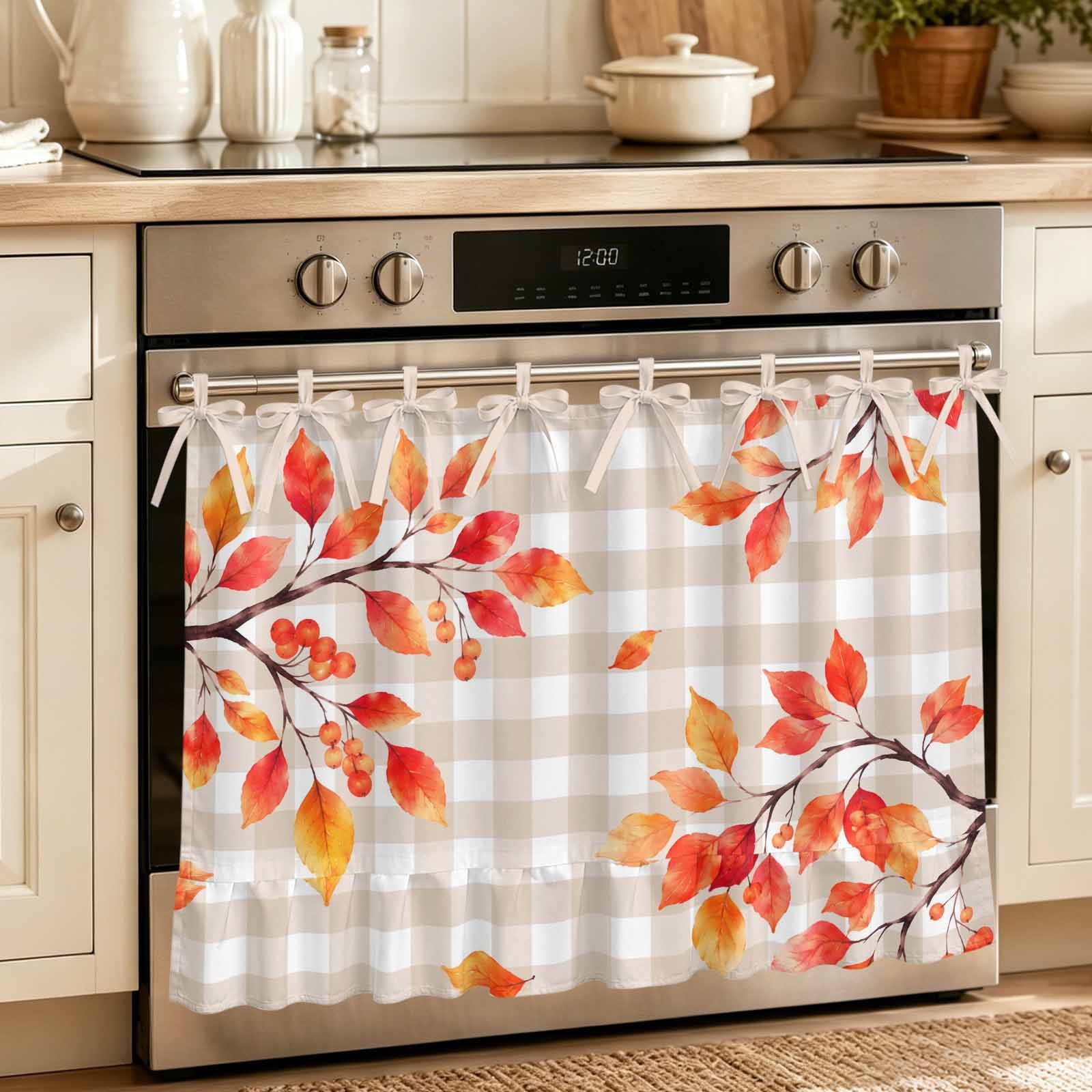 Oven Curtain for Kitchen Fall Maple Leaf Thanksgiving Stove Curtain With Ruffled Trim Dishwasher Curtains Vintage Khaki Palid Oven Skirt 27 x20