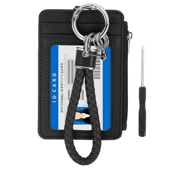 4.7 x 3.2 x 0.2" Slim PU Leather Card Holder Wallet,  1 Set Small Front Pocket Credit Card Case Zipper Coin Wallets with ID Window & Braided Keychain for Women Men, Black