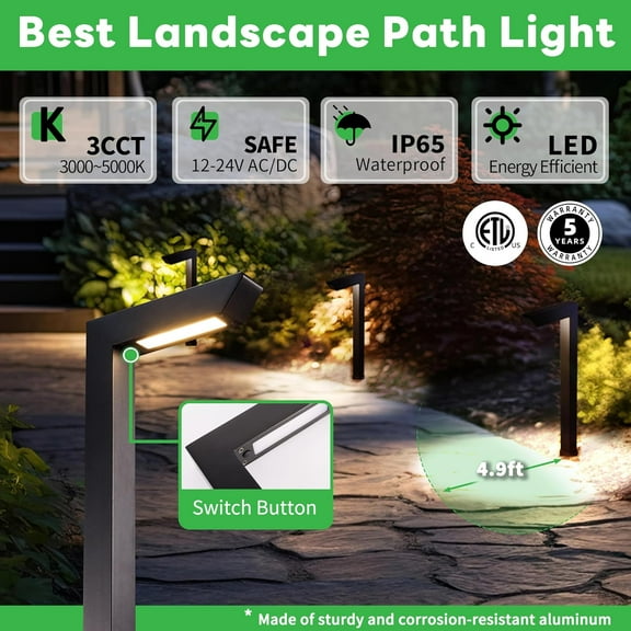 FGERFE-Landscape Path Lights, 3000K/4000K/5000K Selectable Pathway Lights, 12V Low Voltage Wired, LED Outdoor Waterproof, 5W 235LM L Shape Black Aluminum for Yard Walkway Driveway Garden