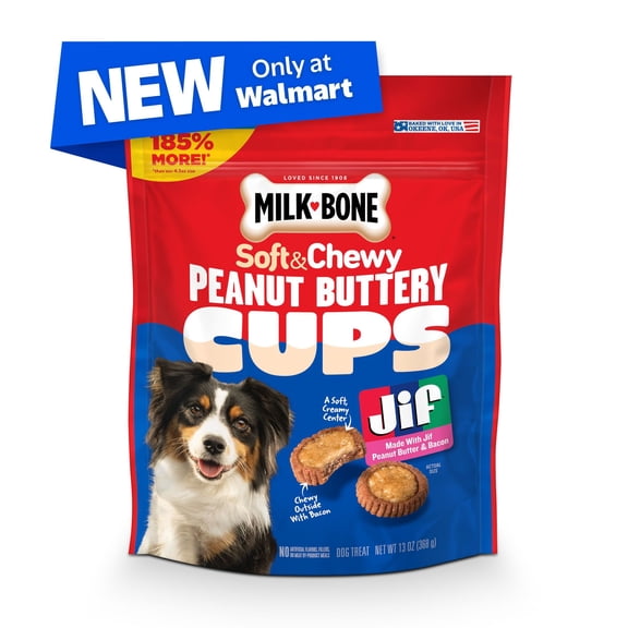 Milk Bone Peanut Buttery Cups, Filled Soft Dog Treats With Jif Peanut Butter & Real Bacon, 13 oz Bag