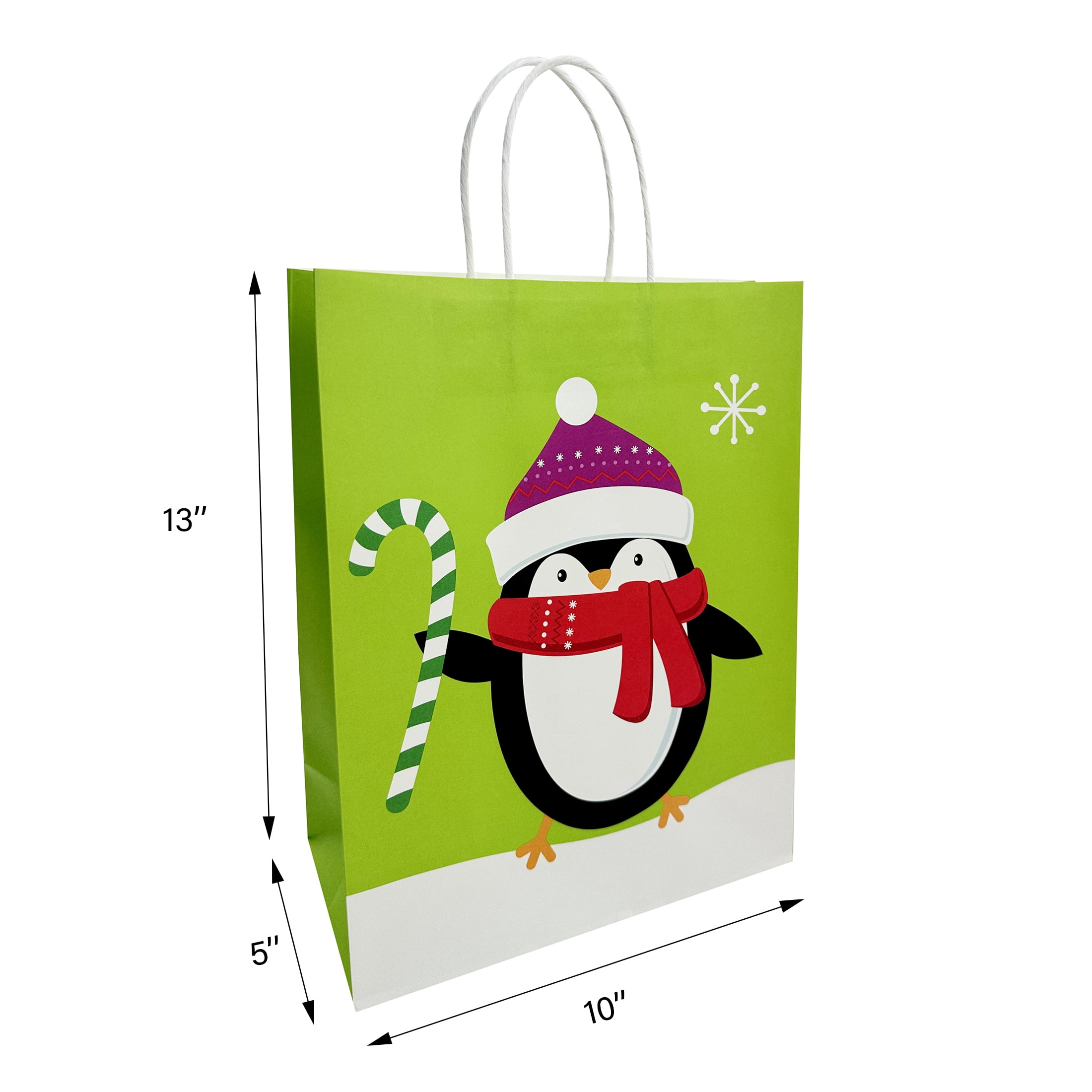 Holiday Time Christmas Gift Paper Bag, Green Penguin, Red Snowman, Merry Christmas, Green Santa, Blue Candy cane, Blue JOY, Large, 10x5x13in