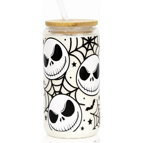 Halloween Iced Coffee Can Glass, 16oz Nightmare Halloween Cup with Lid and Straw, Spooky Season Glass Tumbler for Fall Gifts