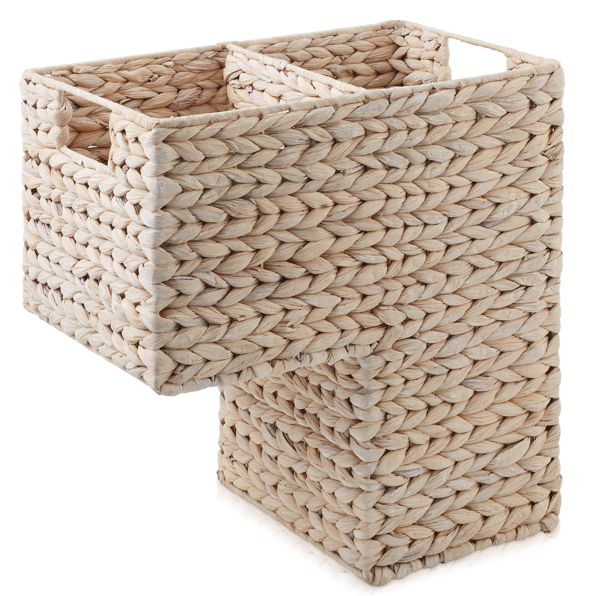 Casafield Stair Basket with Handles, Whitewash White - Woven Water Hyacinth Staircase Step Organizer Bin