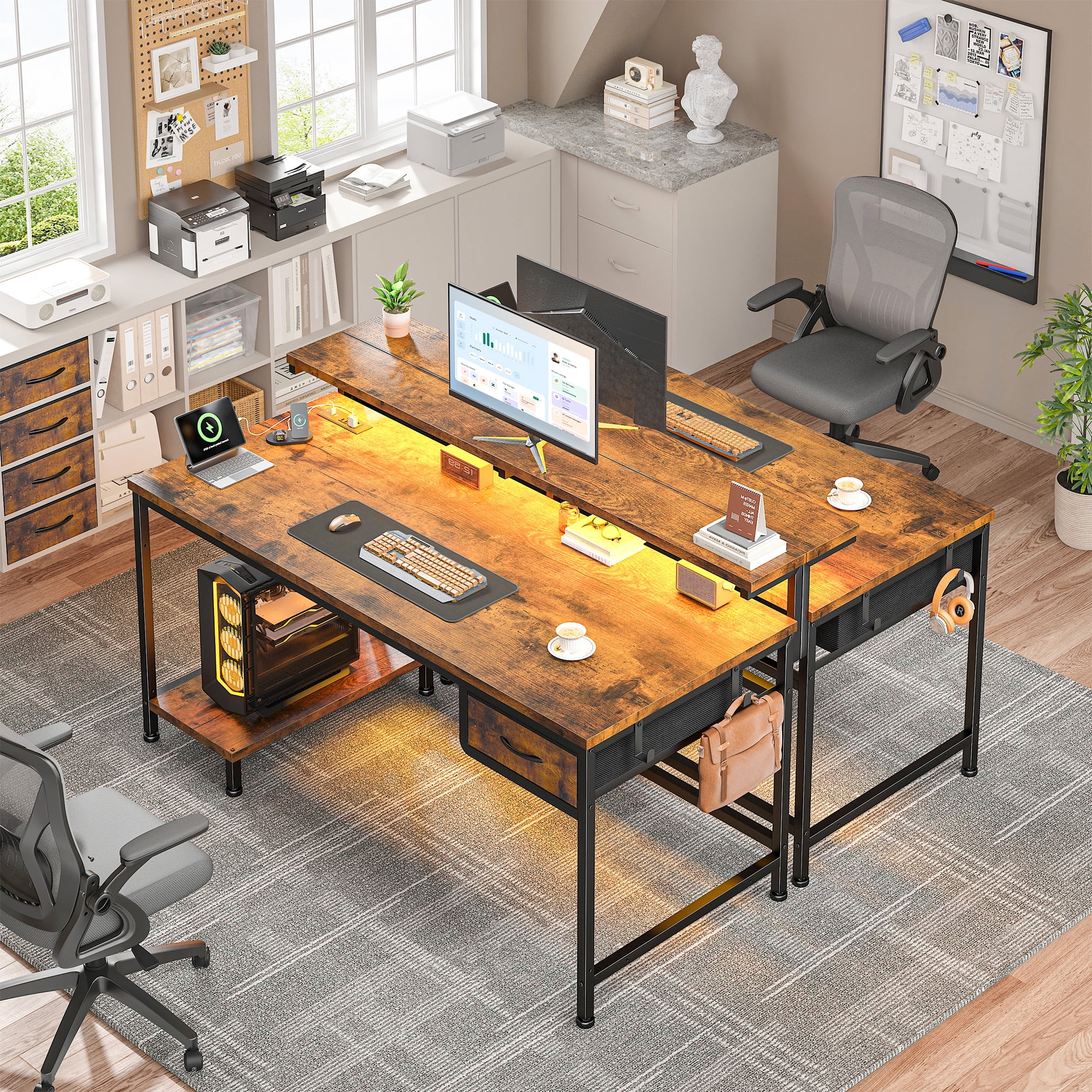 Romorgniz Computer Desk with Power Outlet & Fabric Drawer, Adjustable Gaming Office Desk with LED Lights & CPU Stand for Small Spaces, Rustic Brown