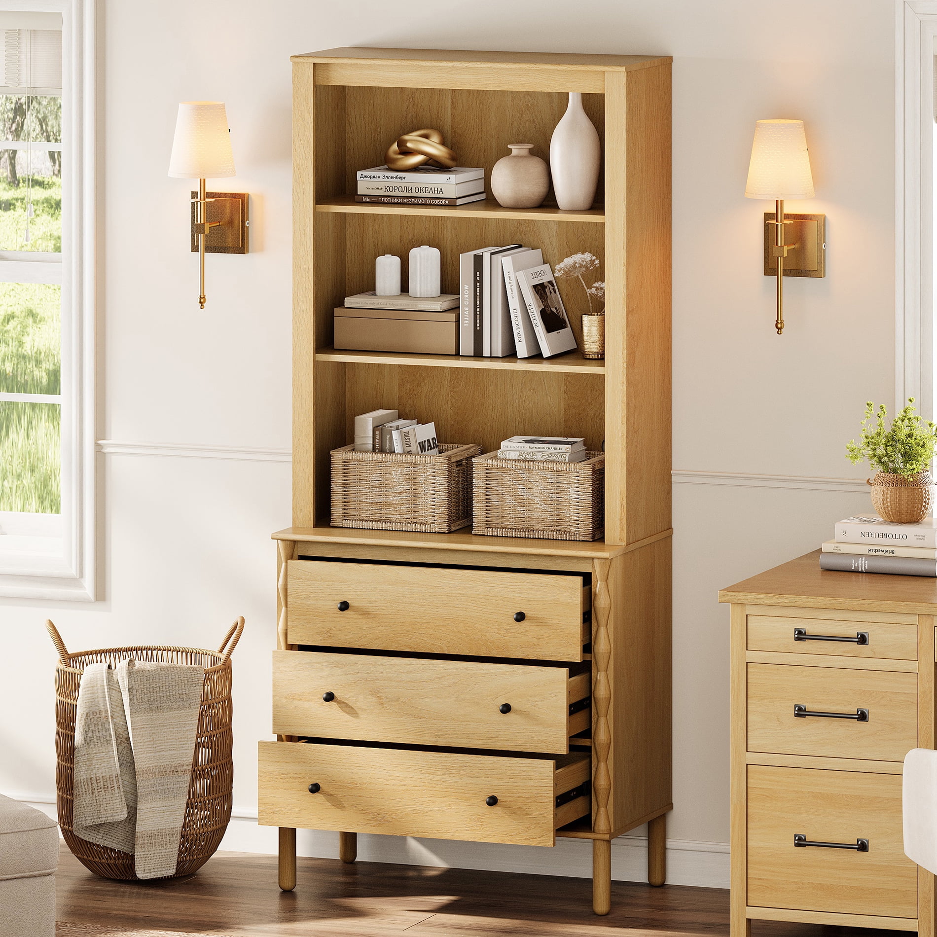 72" Tall Bookshelf with 3 Drawers and Open Book Shelves,Oak