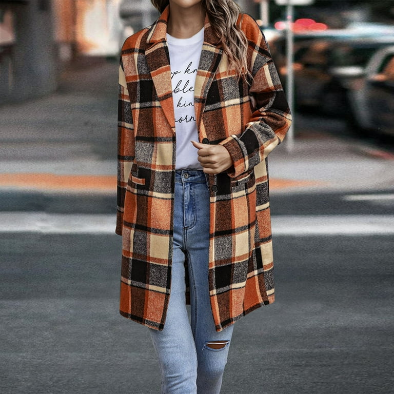 Noarlalf Winter Coats for Women Lapel Button Long Sleeve Plaid Shirt Coat Plaid Long Jacket Trench Coats for Women Jackets for Women Orange S