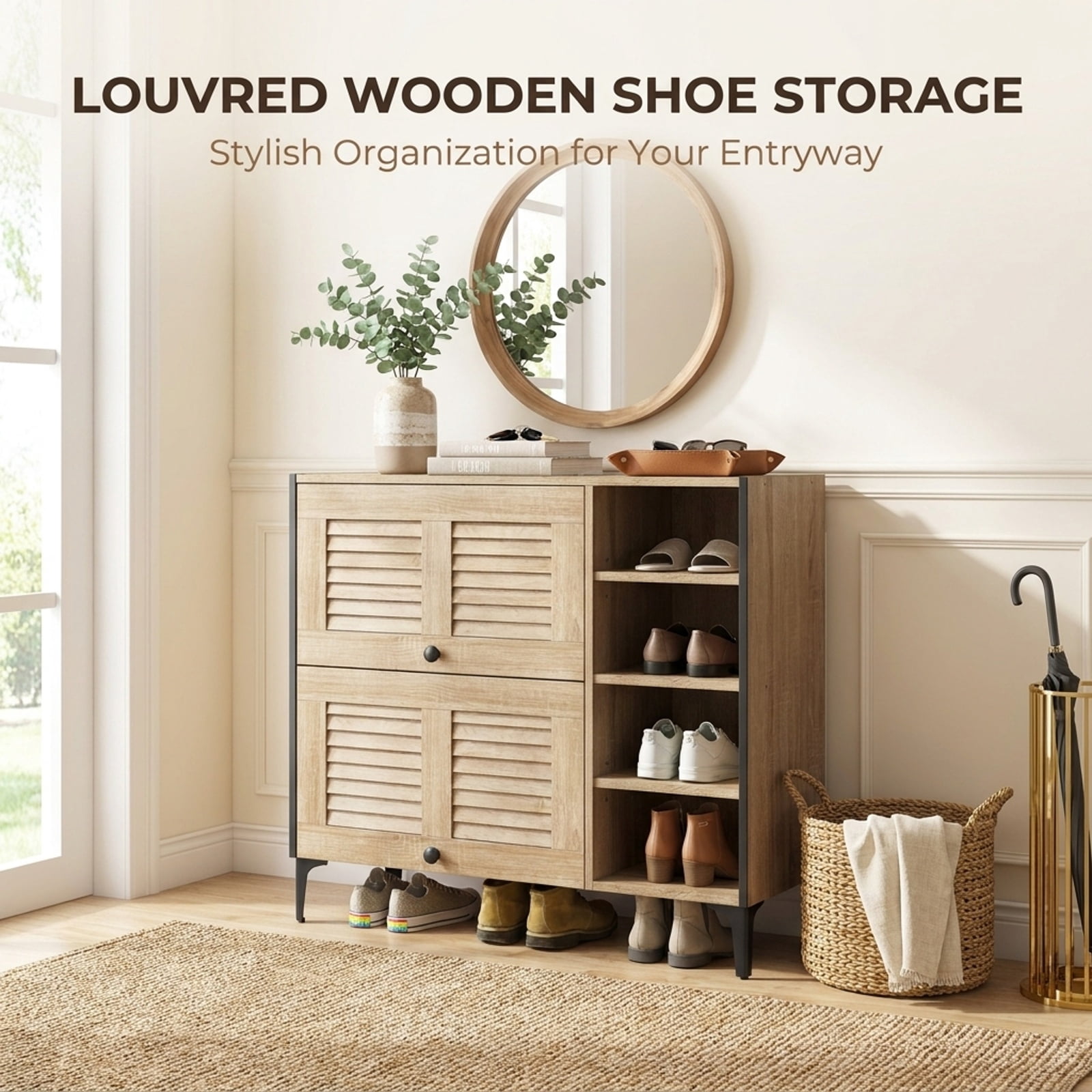 Furnibear Shoe Rack Organizer with Flip Up See Through Doors and Adjustable Shelves for Living Room Entryway Hallway Shoe Cabinet, Oak