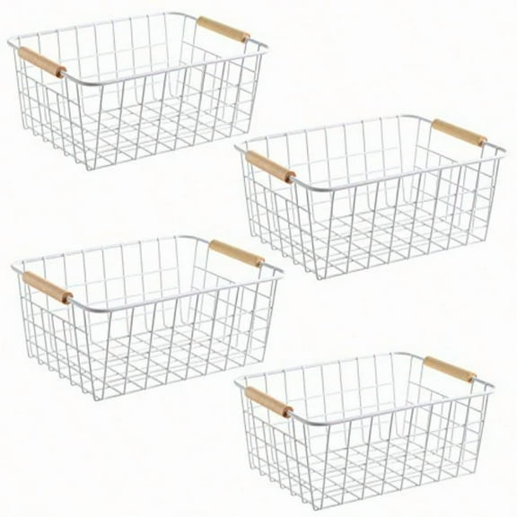 LeleCAT White Wire Baskets for Organizing with Handles Pantry Organizers and Storage For Kitchen Household Snack Basket for Cabinets Closets Bedrooms food Set of 4 White