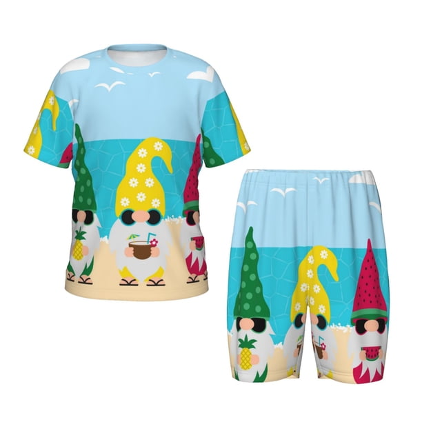 Fotbe Gnomes On The Beach Pijama Estampada de 2 Piezas para Niños – Ropa de Dormir de Manga Corta Cómoda para Niños y Niñas, Camiseta y Shorts de Algodón-X-Large