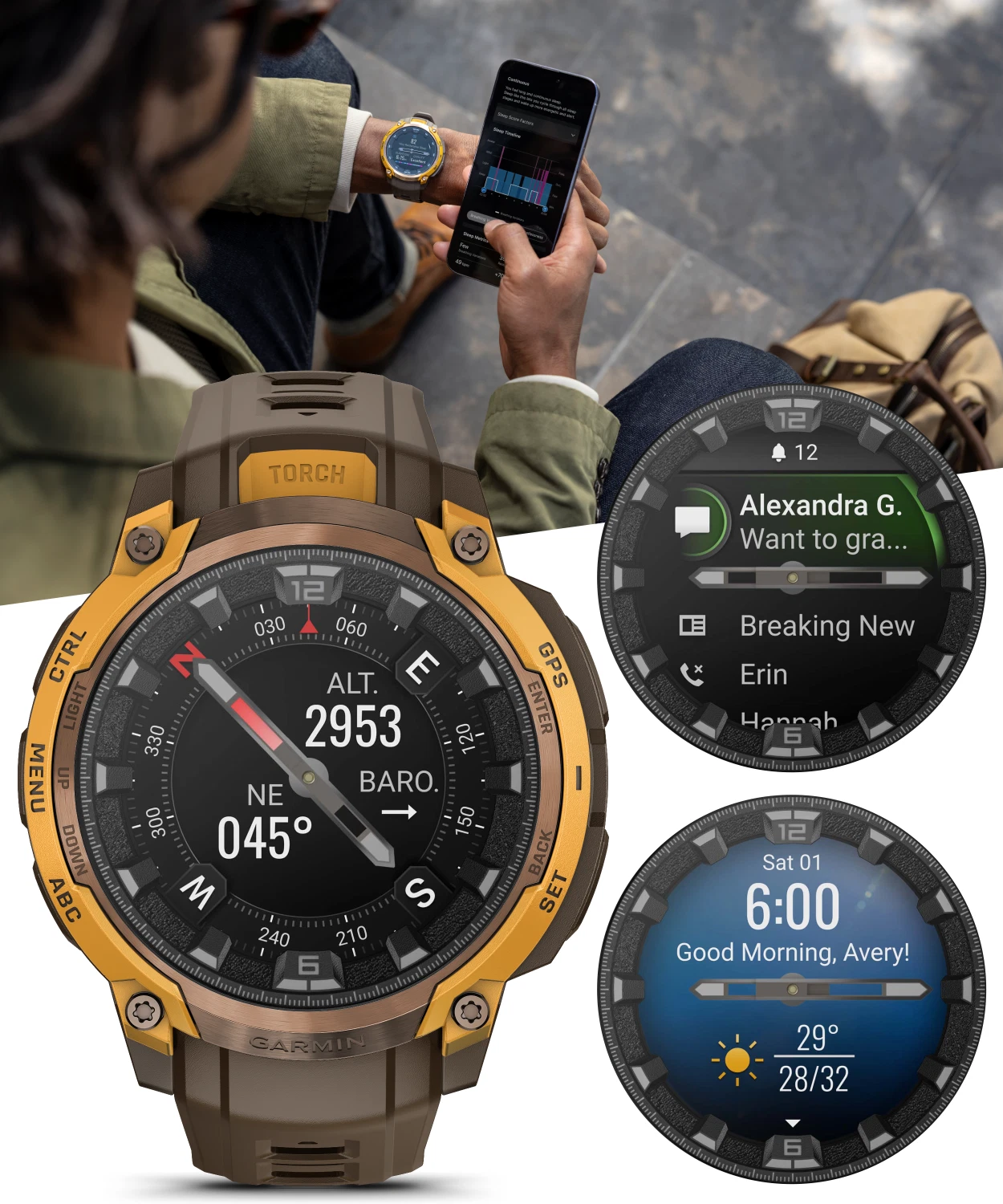 Garmin Instinct Crossover AMOLED Sapphire Rugged Hybrid GPS Smartwatch, Analog Hands, Bronze/Sunburst & Cocoa w/ Wearable4U PowerBank Bundle