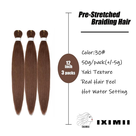 WEIF-30# Braiding Hair Pre Stretched 12 inch 3 packs Brown Pre-Stretched Braids Hair Straight Hot Water Setting Braids Soft Yaki Texture Synthetic Hair Extensions