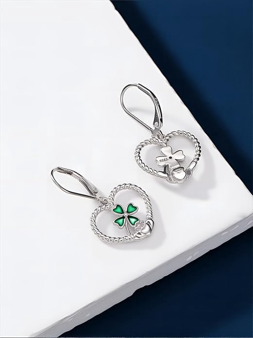 CACA LADY St Patricks Day Shamrock Dangle Earrings 925 Sterling Silver Claddagh Four Leaf Clover Earrings Irish Jewelry Gifts for Women